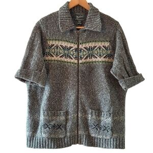 Woolrich Vintage Wool Blend Full Zip Cardigan Spruce Nordic Elbow Sleeve Large
